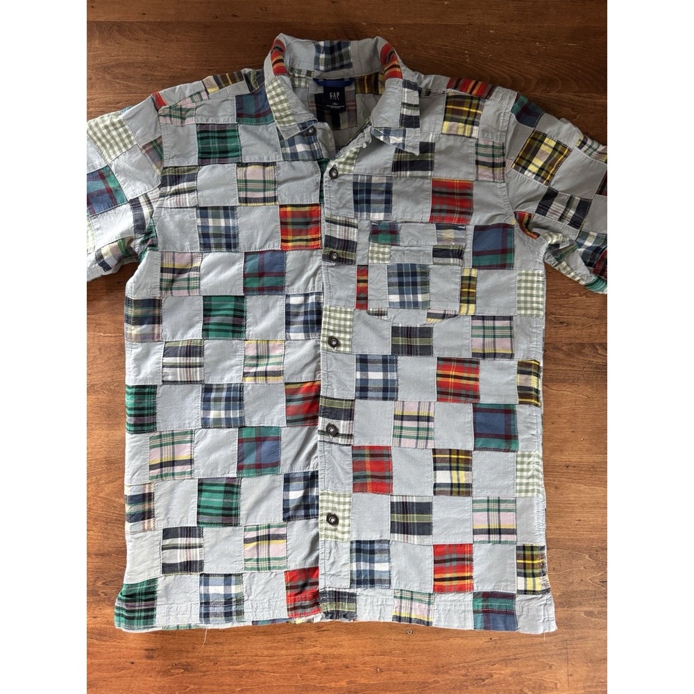 Gap Kids Boys Size 10 Patchwork Madras Plaid Coastal Short Sleeve Button Shirt